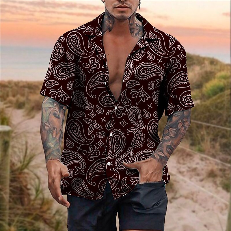 Men's Floral Paisley Shirt Boho Shirt Button Up Shirt Short Sleeve Tropical Sports Fashion Casual Holiday Beach Summer Spring Cuban Collar Print Button-Down White Wine Green2