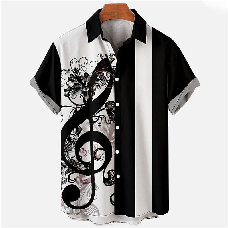 Men's Notes Shirt Bowling Shirt Button Up Shirt Short Sleeve Sports Fashion Streetwear Casual Daily Weekend Summer Spring Turndown Print Button-Down Black-White Black White+Black White Orange