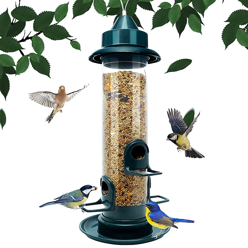 Bird Feeders for Outdoors Hanging  Squirrel Proof Bird Feeders for Outdoors Large Tube Bird Feeder with 4 Feeding Ports Bird Seed Feeder with Hook and Food Tray Attract Multiple Birds