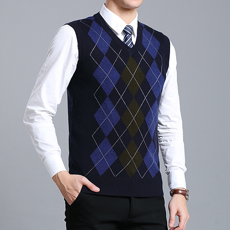 Men's Sweater Vest Dress Sweater Stylish Vintage Style Color Block Argyle Ribbed V Neck Patchwork Knitted Braided Drop Shoulder Sleeveless Knit Christmas Home Work Red Navy Blue Spring Fall4