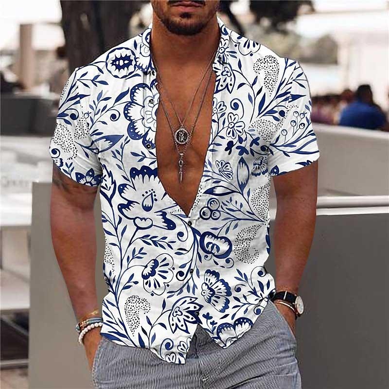 Men's Floral Tropical Flowers Shirt Summer Hawaiian Shirt Aloha Shirt Long Sleeve Shirt Turndown Fashion Streetwear Designer Outdoor Street Casual White Blue Light Blue S M L2