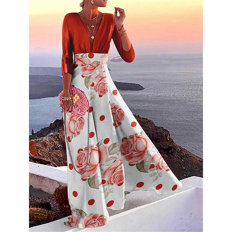 Women's Casual Dress Color Block Patchwork V Neck Maxi long Dress Casual Daily 3/4 Length Sleeve Summer Spring3