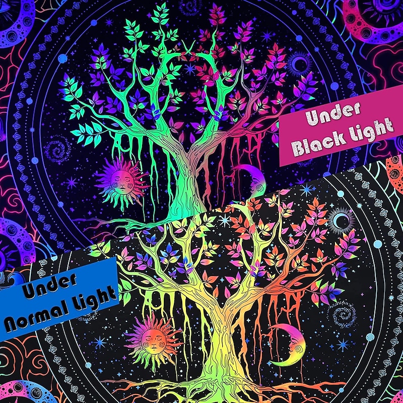 Blacklight Tapestry UV Reactive Glow in the Dark Glow Party Neon Tree of Life Mandala Psychedelic Trippy Misty Hanging Tapestry Wall Art Mural for Living Room Bedroom2