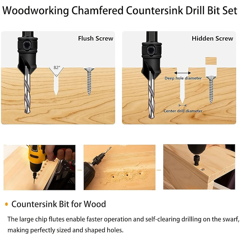 1 Set, Countersink Drill Bit Set, 6pcs Free Replaceable HSS Drill Bits For Wood Quick-Change Chamfered Adjustable Drilling Tool Kit On Pilot Counter Sink Holes For Woodworking3