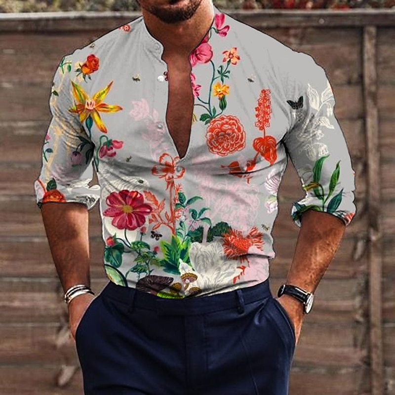 Men's Floral Shirt Button Up Shirt Long Sleeve Fashion Designer Casual Outdoor Vacation Daily Fall & Winter Stand Collar Print Button-Down White+Red Black White Green Gray3