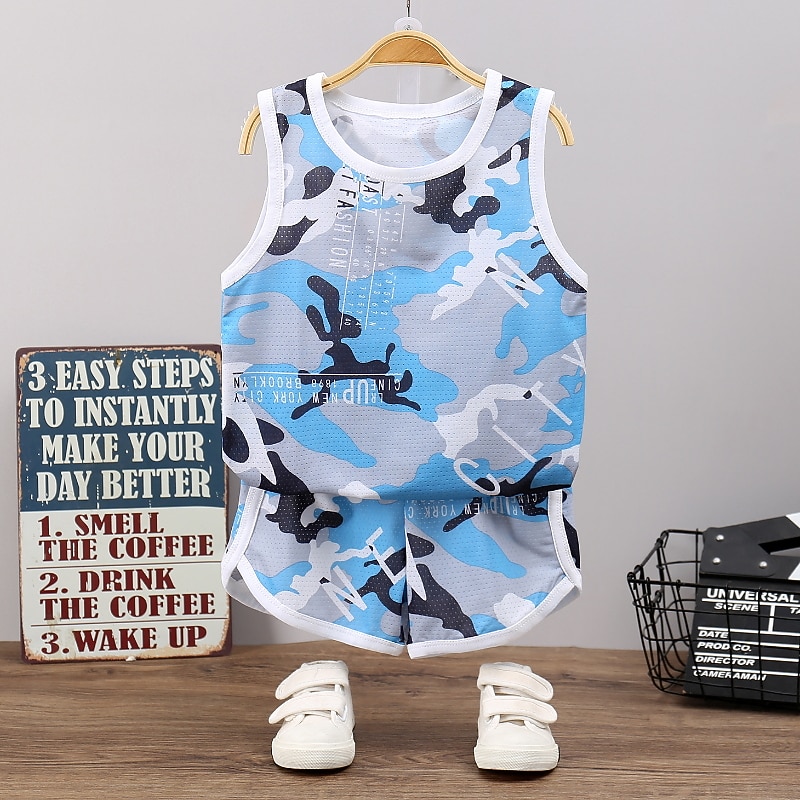 2 Pieces Kids Boys Tank & Shorts Outfit Cartoon Camo Sleeveless Cotton Set Casual Cool Daily Summer Spring 3-7 Years White Blue Sky Blue