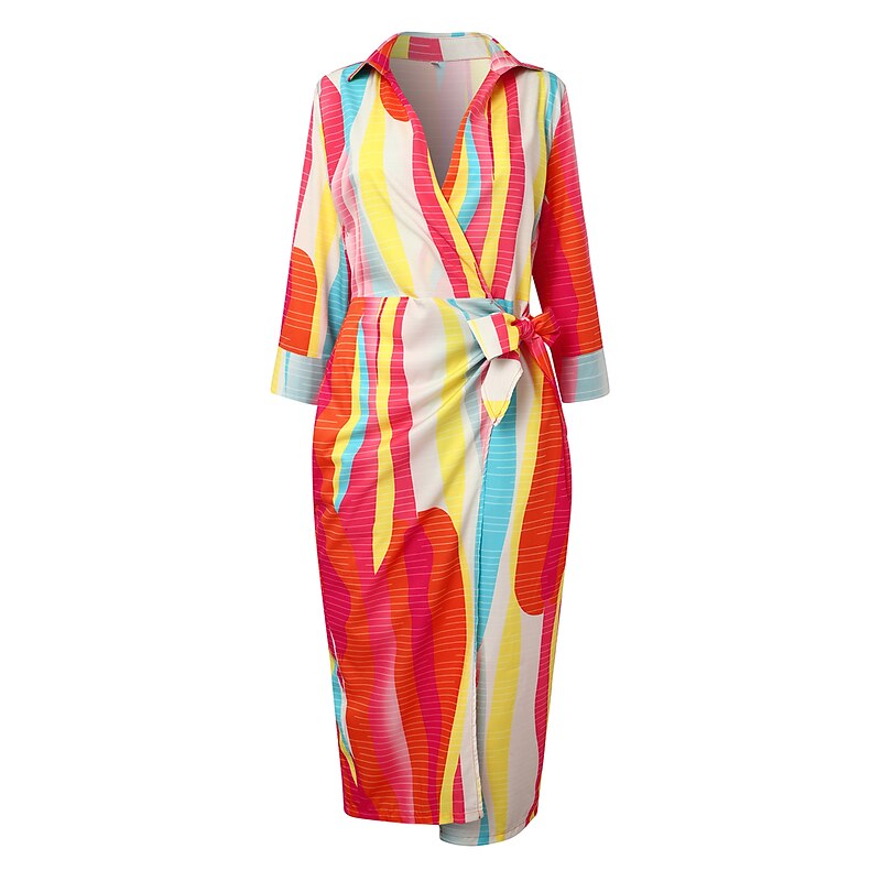 Women's Shirt Dress Casual Dress Color Block Rainbow Patchwork Print Shirt Collar Maxi long Dress Stylish Casual Daily Long Sleeve Fall Winter2