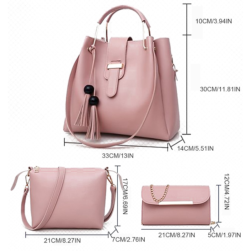 Women's 3-Piece Handbag Set - Pink Faux Leather Tote, Shoulder Bag, and Chain Clutch with Tassel Detail for Elegant and Casual Use2
