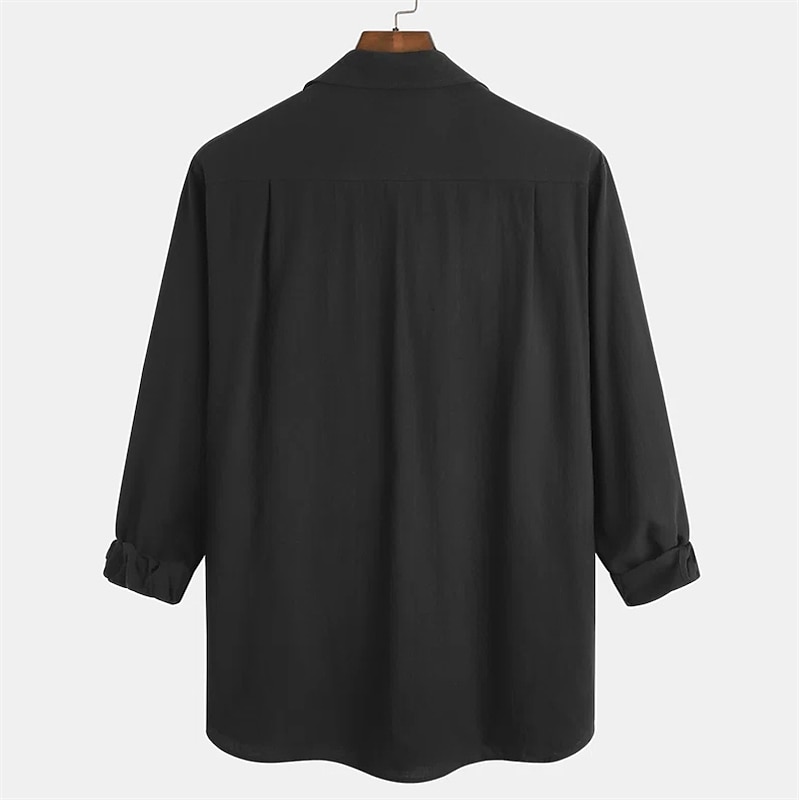 Men's Linen Shirt Summer Shirt Beach Wear Button Up Shirt Plain Vacation Casual Black Blue Brown Khaki Long Sleeve Turndown Spring &  Fall Clothing Apparel Front Pocket4