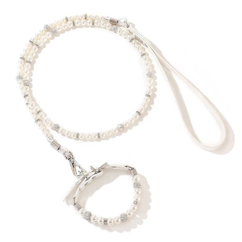 Pet Collar 009 White Pearl Collar Traction Belt Set Dog Belt Cat Chain Collar