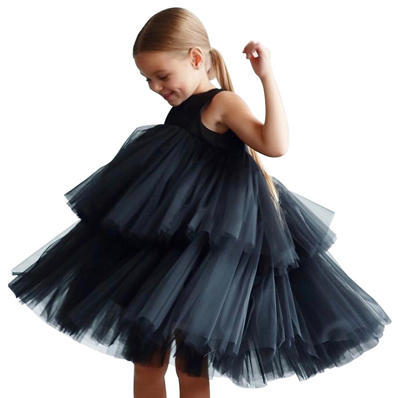 Kids Girls' Party Dress Solid Color Sleeveless Wedding Mesh Princess Sweet Polyester Knee-length Skater Dress Summer Spring 3-10 Years Black White Pink2