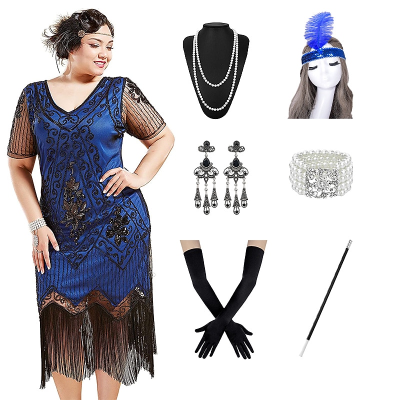Roaring 20s 1920s Cocktail Dress Flapper Dress Cocktail Dress Accesories Set The Great Gatsby Wedding Guest Sequins Tassel Fringe Fancy Dress Women's Masquerade Party / Evening Prom Wedding Reception
