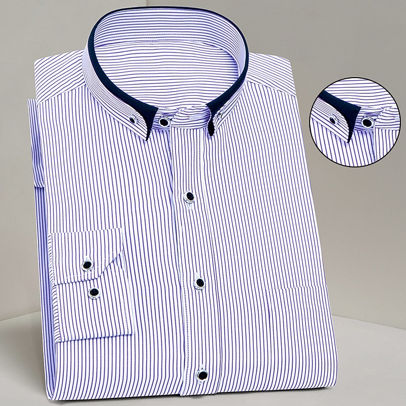 Men's Chinese Collar Shirt Mandarin Collar Shirt Dress Shirt Stripes Wedding Office & Career Blue Sky Blue Violet Long Sleeve Grandad Collar Spring Fall Clothing Apparel Pocket4