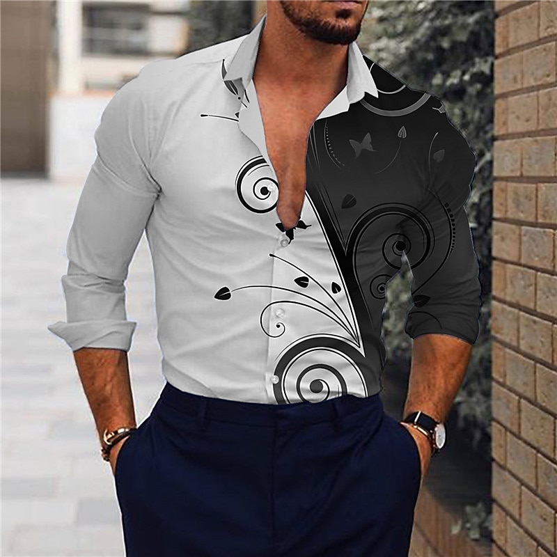 Men's Floral Shirt Button Up Shirt Long Sleeve Sports Fashion Streetwear Outdoor Casual Daily Fall & Winter Turndown Print Button-Down White Navy Blue Blue Gold Gray4