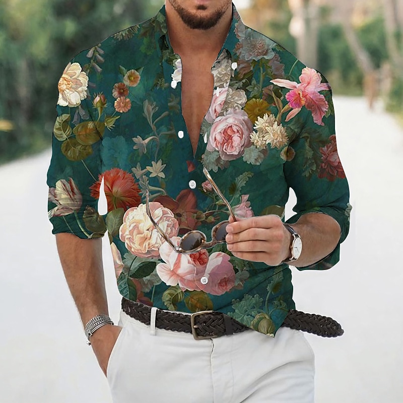 Men's Floral Shirt Long Sleeve Sports Fashion Streetwear Outdoor Casual Daily Fall & Winter Turndown Print Button-Down Black White Pink Dark Green Beige2