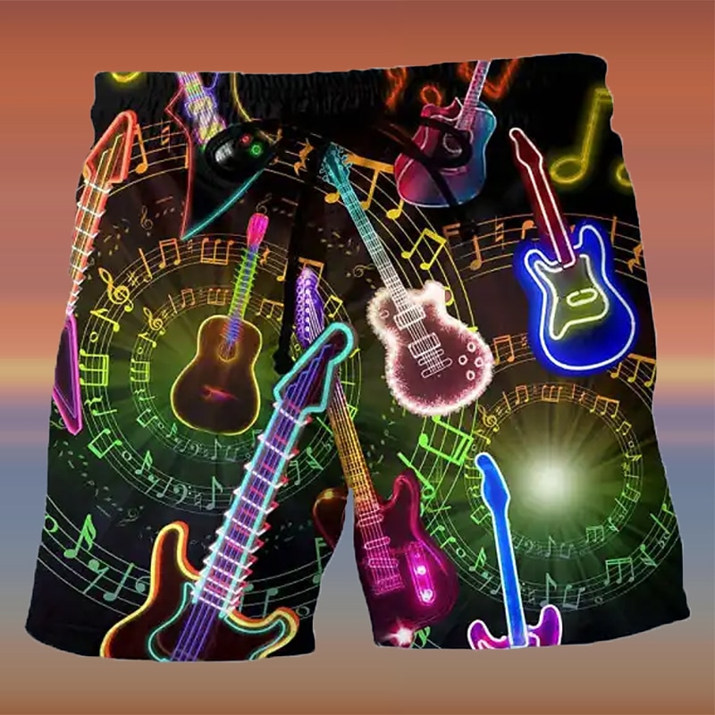 Men's Graphic Guitar Musical Instrument Swim Trunks Swim Shorts Board Shorts Mid Waist Hawaiian Designer Boho Casual Daily Holiday Drawstring with Mesh lining Elastic Waist Designer Clothing Apparel