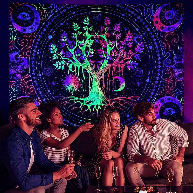 Blacklight Tapestry UV Reactive Glow in the Dark Glow Party Neon Tree of Life Mandala Psychedelic Trippy Misty Hanging Tapestry Wall Art Mural for Living Room Bedroom4