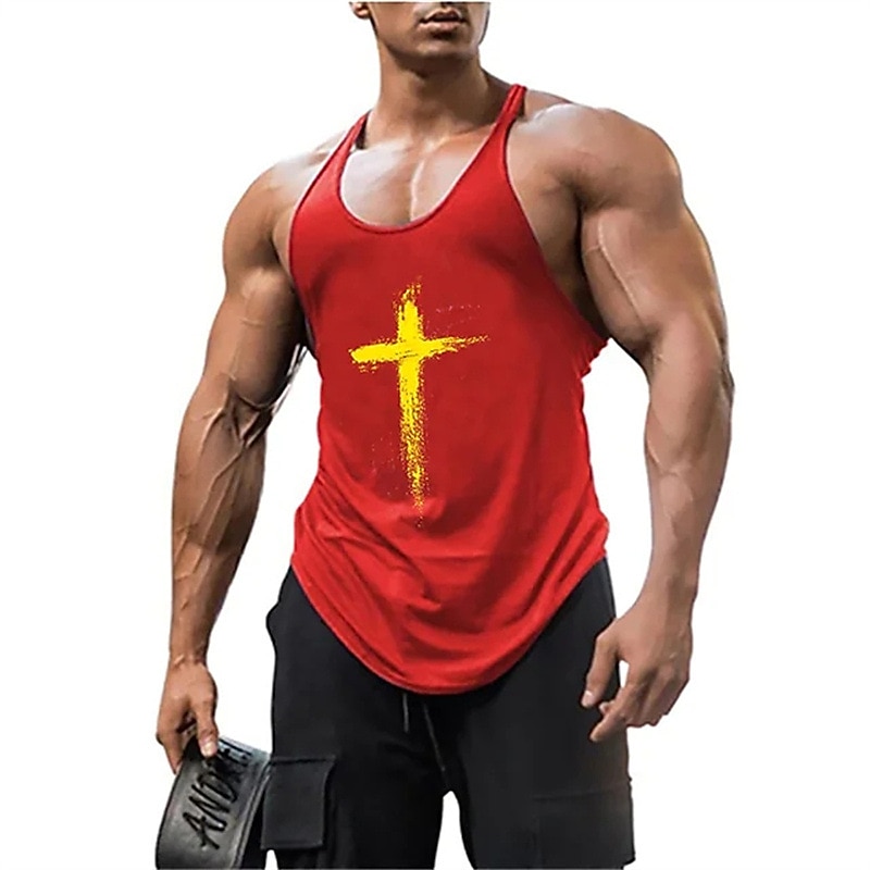 Men's Graphic Cross Tank Top Vest Top Undershirt Graphic Tee Sleeveless Shirt Sleeveless T shirt Crew Neck Shirt Fashion Streetwear Muscle Sports & Outdoor Athleisure Gym Black Red Gray Summer2