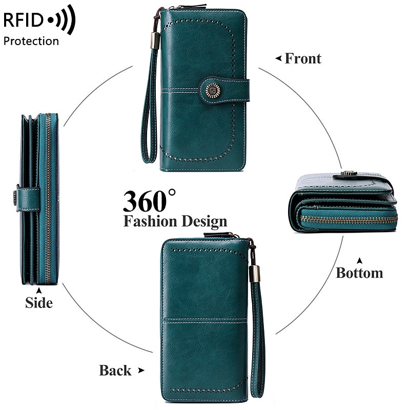 Women's RFID Blocking Faux Leather Wallet – Large Capacity Zipper Clutch with 24 Card Slots & Wrist Strap3