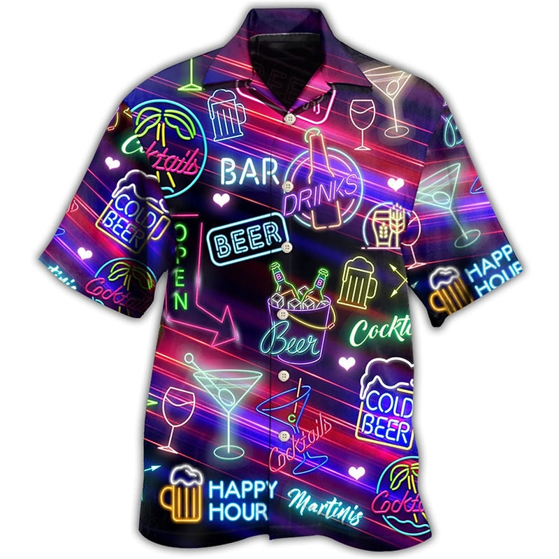 Men's Beer Colorful Letters Shirt Summer Hawaiian Shirt Aloha Shirt Short Sleeve Shirt Turndown Tropical Fashion Hawaiian Casual Hawaiian Holiday Yellow Blue Purple S M L2