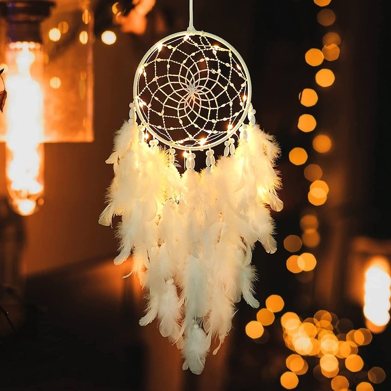 LED Dream Catcher White Feather Fairy Lights Creative Wall Hanging Holiday Bedroom Home Wedding Balcony Garden Decoration Wind Chimes Light Birthday Blessing Gift - Main Image
