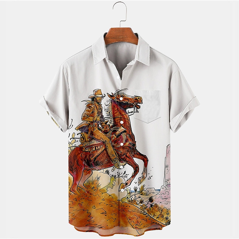 Kentucky Derby Men's Vintage Cowboy Shirt Button Up Shirt Vintage Hawaiian Shirts Short Sleeve Vintage Tropical Fashion Outdoor Beach Summer Spring Turndown Print Button-Down Funny Kentucky Derby