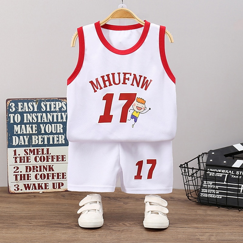 2 Pieces Kids Boys Tank & Shorts Outfit Cartoon Number Letter Sleeveless Crewneck Cotton Set Outdoor Sports Cool Summer Spring 7-13 Years Black White Yellow3