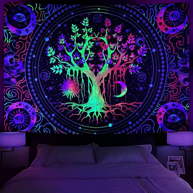 Blacklight Tapestry UV Reactive Glow in the Dark Glow Party Neon Tree of Life Mandala Psychedelic Trippy Misty Hanging Tapestry Wall Art Mural for Living Room Bedroom
