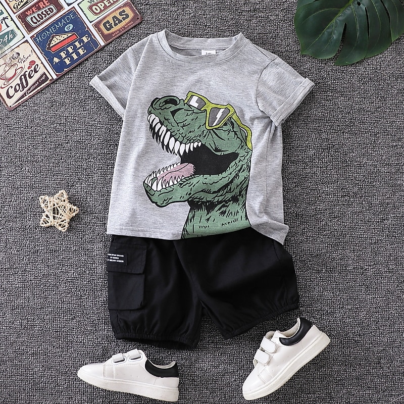 2 Pieces Toddler Boys T-shirt & Shorts Outfit Dinosaur Short Sleeve Cotton Set Outdoor Fashion Daily Summer Spring 3-7 Years White Yellow