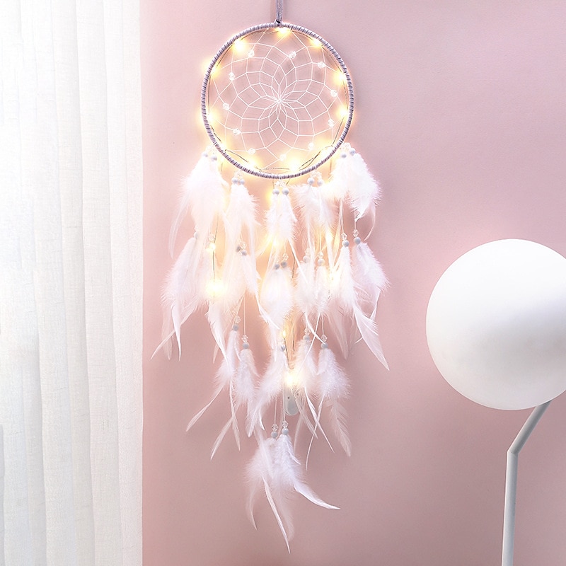 LED Dream Catcher Wall Decor with Feather Pendant Wall Hanging Ornament Wind Chimes Light for Car Home Girl Children's Bedroom Decoration Christmas Birthday Party Balcony Window Ramadan Eid Decorations2