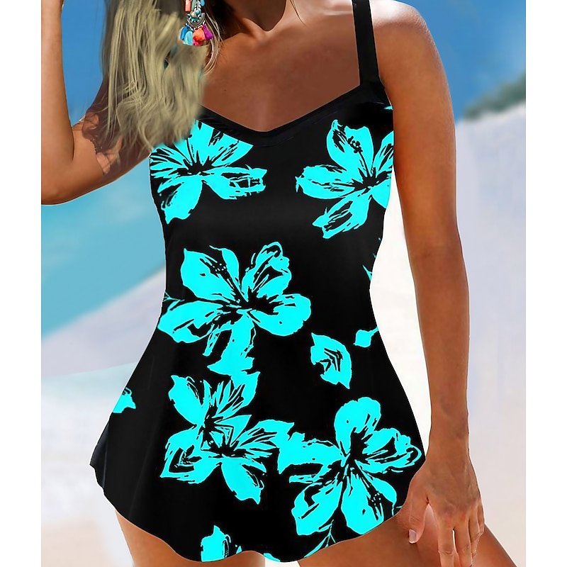 Women's Plus Size Swimwear Tankini 2 Piece Swim Dress Swimsuit 2 Piece Summer Floral Strap Sleeveless Bathing Suits2