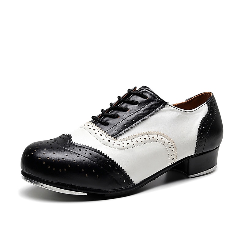 Men's Black and White Oxford Tap Dance Shoes – Classic Faux Leather Lace-Up Shoes with Metal Plates for Professional Performances2