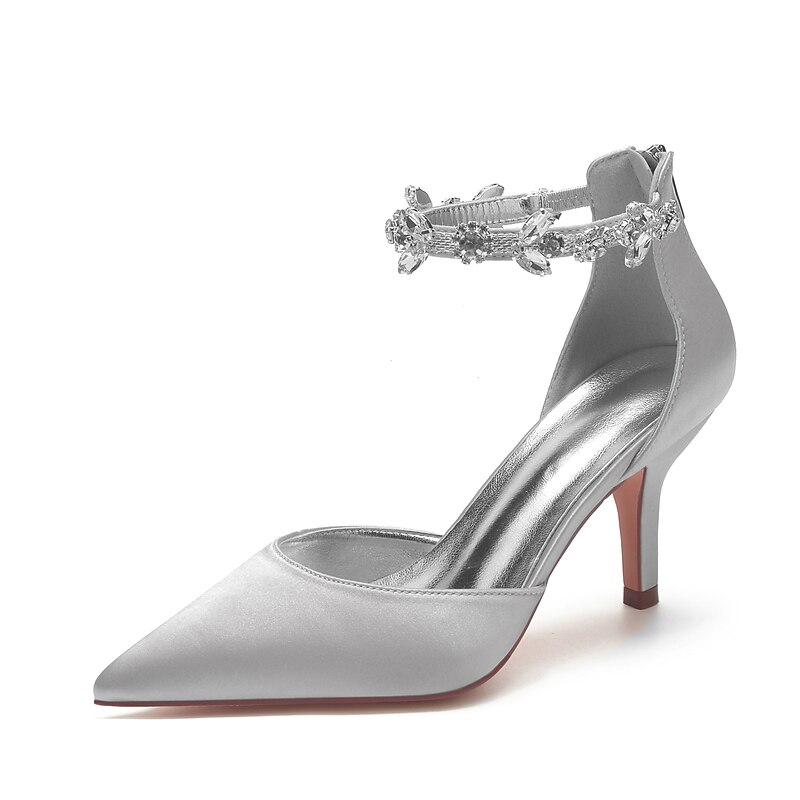Women's Silver Satin Pointed-Toe Wedding Heels – Rhinestone Embellished Ankle Strap and Elegant Mid Heel
