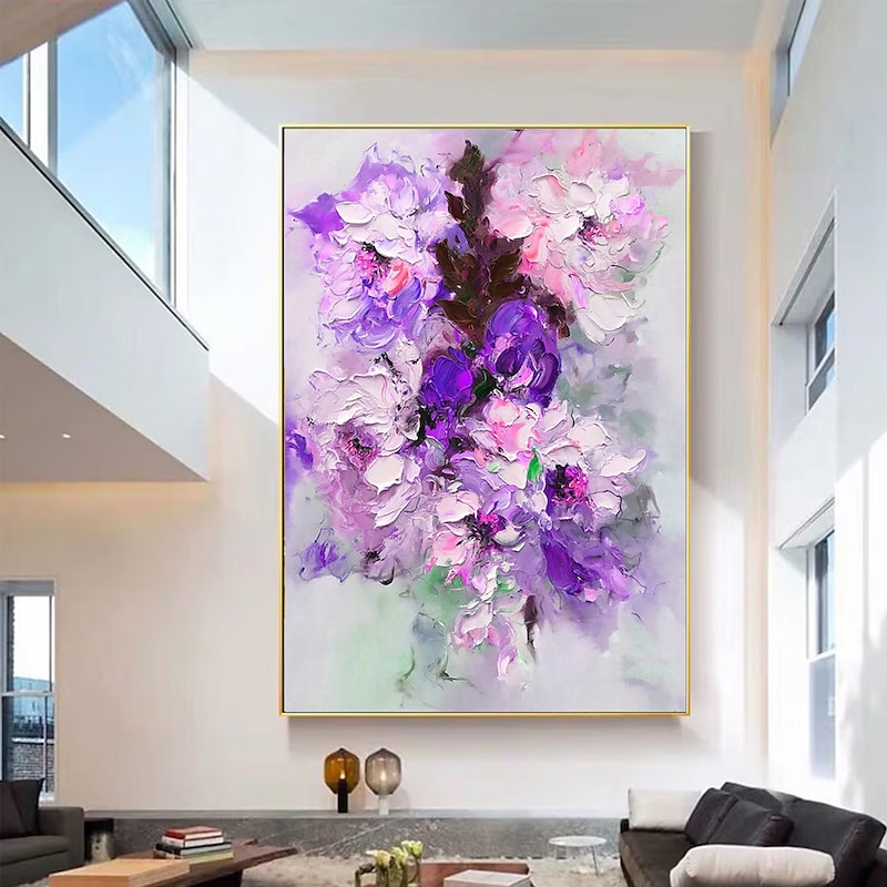 Handmade Oil Painting  Canvas wall Art Decoration  Abstract Knife Painting  Flower Purple For Home Decor Rolled Frameless Unstretched Painting