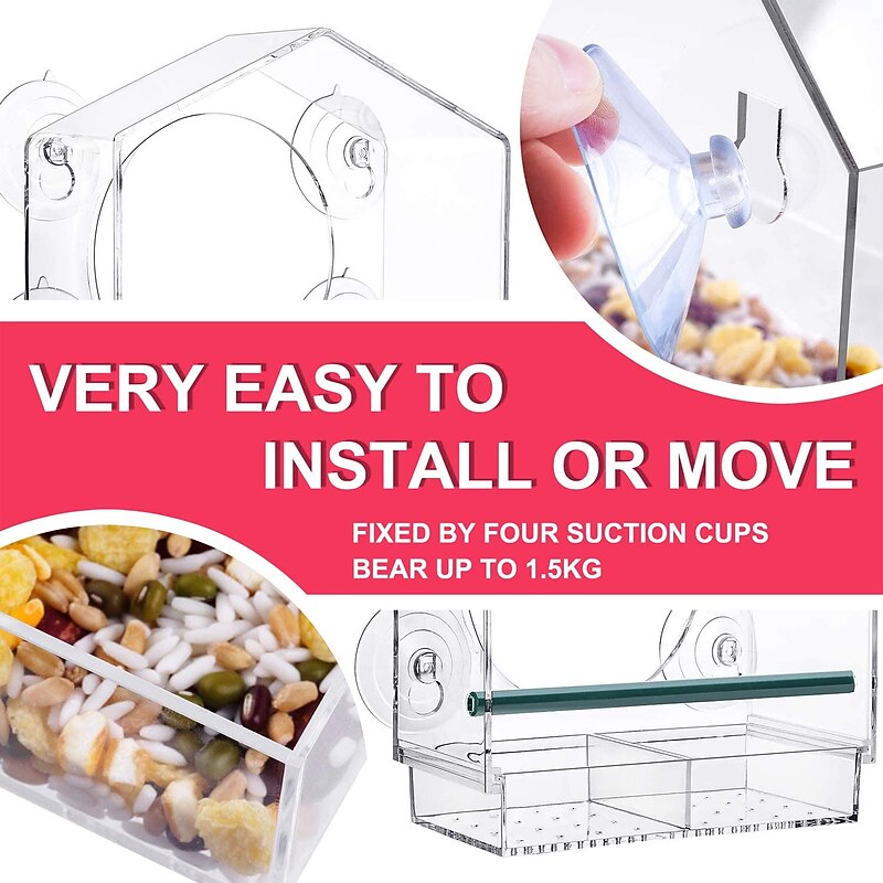 Bird Feeder for Outside - Clear Window Bird Feeders with Strong Suction Cups - Transparent Bird Feeder Window MoAunt Acrylic Bird House for Cat Window Perch3