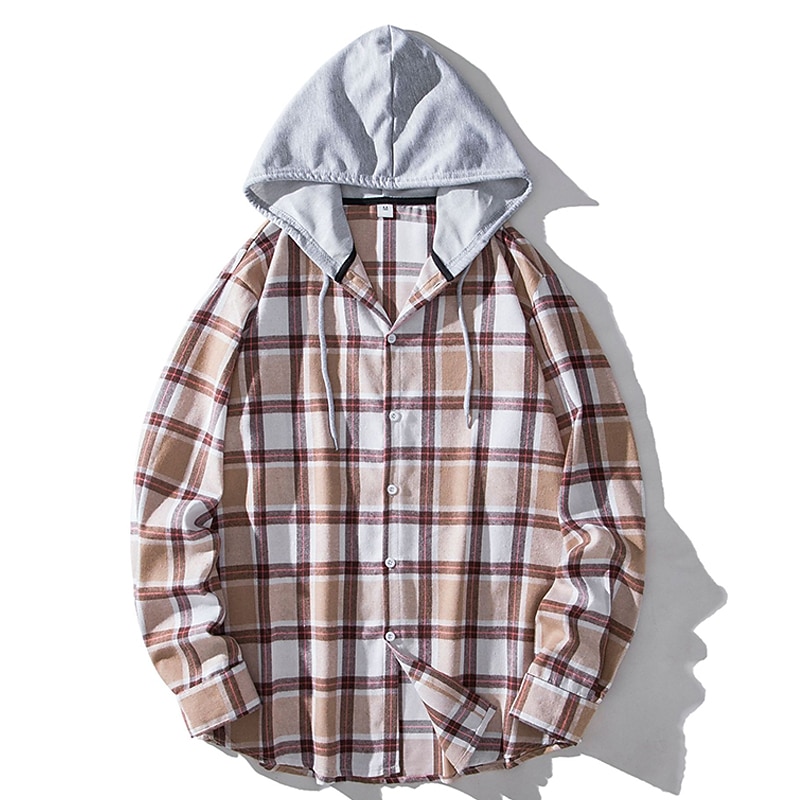 Men's Shirt Casual Shirt Button Up Shirt Hooded Shirt Black Light Brown Blue Dark Green Red Long Sleeve Plaid / Check Hooded Vacation Street Hooded Clothing Apparel Stylish Classic Casual2