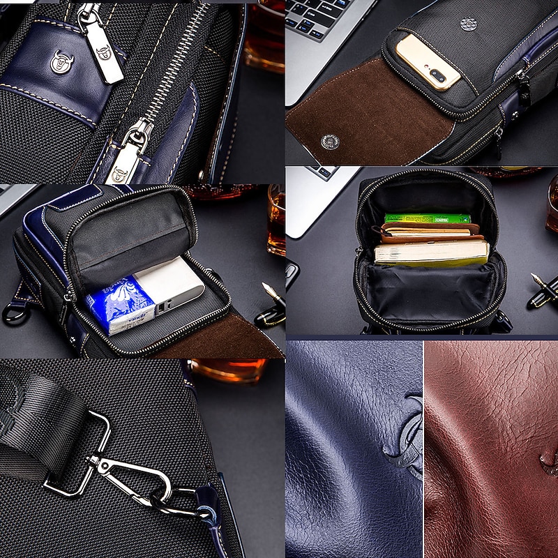 Men's Premium Cowhide Leather and Nylon Crossbody Sling Bag - Multi-Pocket Design with Adjustable Strap for Travel and Daily Use3