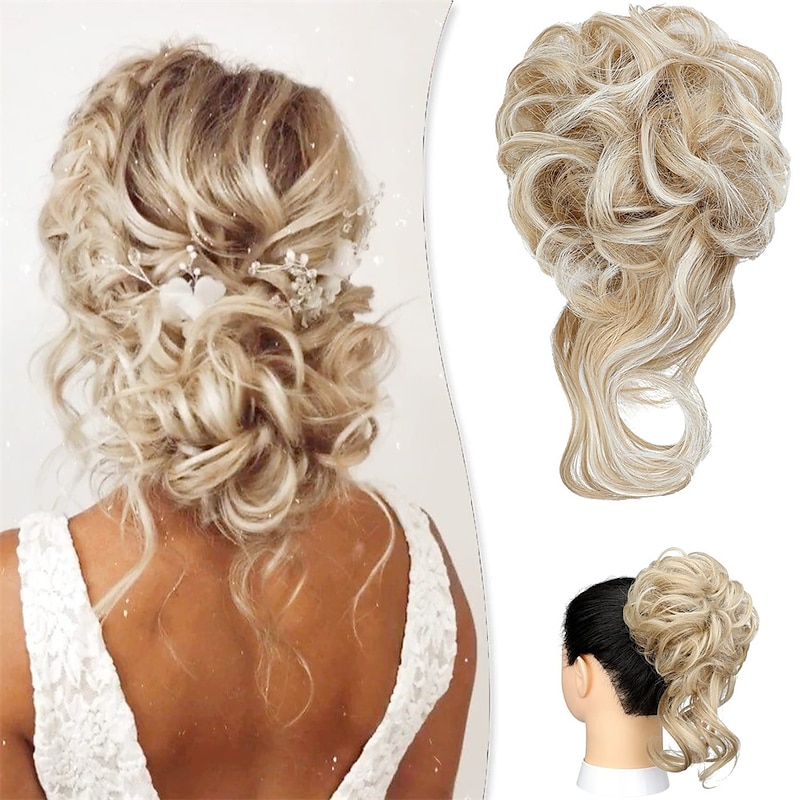 Messy Bun Hair Piece Long Wavy Tousled Updo Hair Bun Extensions Wavy Hair Wrap Ponytail Hairpieces Hair Scrunchies with Elastic Hair Band for Women Girls -Ash blonde mix Ginger Brown