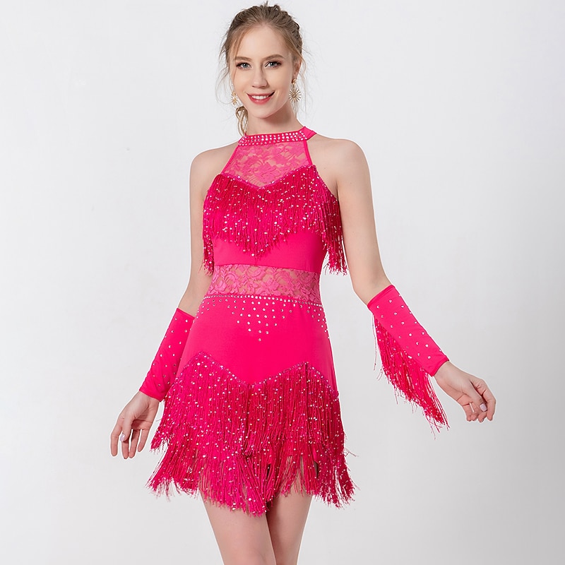 Latin Dance Dress Lace Fringed Tassel Ruching Women's Performance Training Sleeveless High Polyester Pink Hobbies2