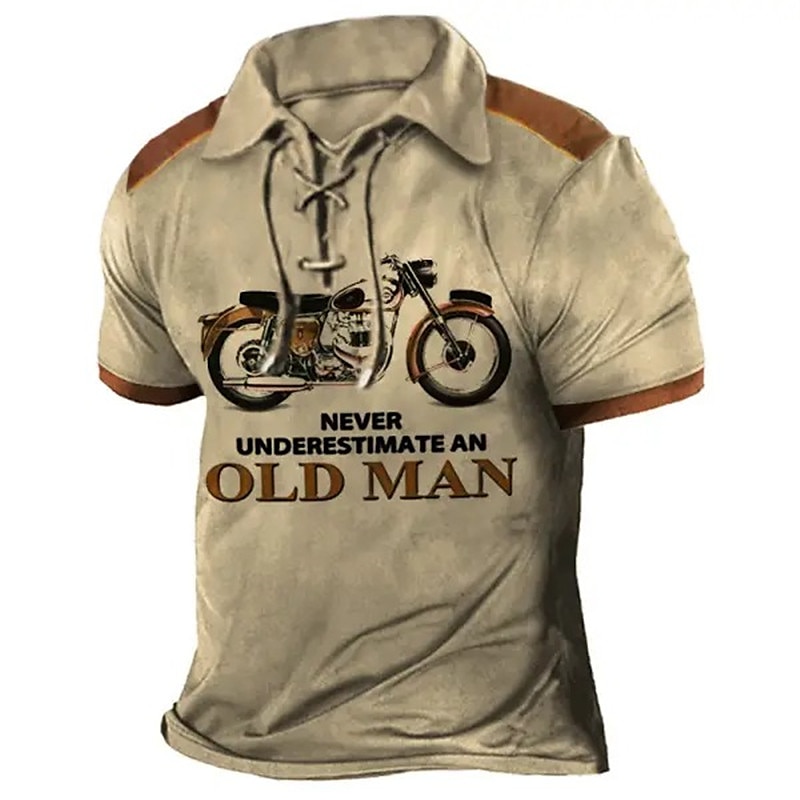 Men's Short Sleeve Graphic Polo Shirt with 'Never Underestimate an Old Man' Motorcycle Biker Design