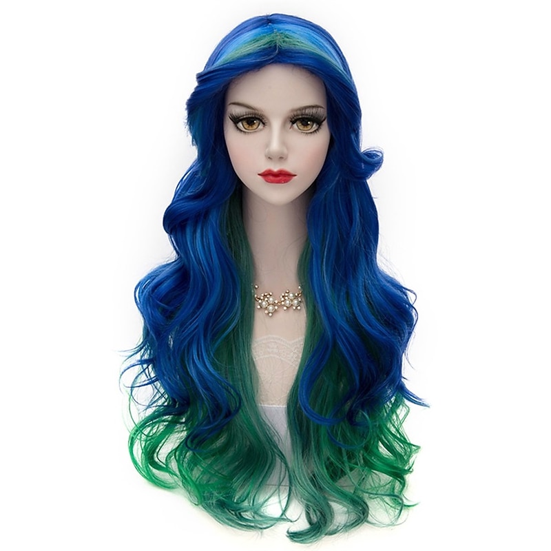 Women Peacock Blue Green Wig Long Curly Wavy Wigs for Girl 29.5 Inch Colorful Wig Cosplay Costume Party Fluffy Wig Synthetic Charming Heat Friendly Ombre Wig  Halloween Wigs St.Patrick's Day Wigs