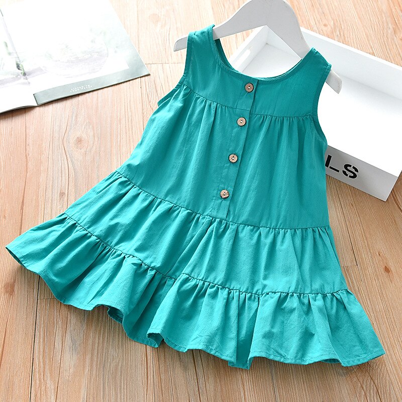 Kids Girls' Dress Solid Color Sleeveless Outdoor Casual Ruched Buttons Casual Sweet Cotton Midi A Line Dress Tank Dress Summer Spring 3-10 Years White Green3