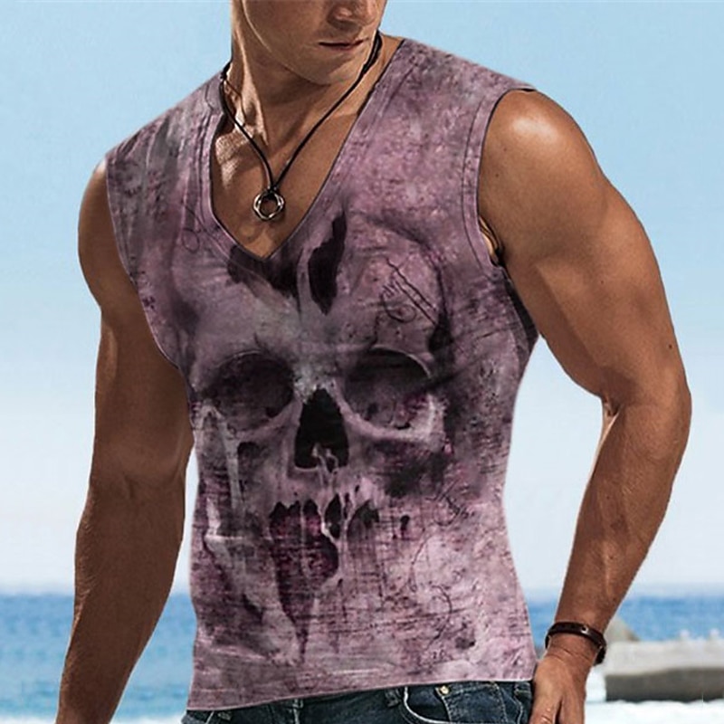 Men's Graphic Skulls Vest Top Sleeveless T Shirt for Men Sleeveless T shirt 3D Print V Neck Shirt Designer Casual Muscle Sports Running Gym Blue Purple Khaki Spring & Summer Clothing Apparel S M L XL3