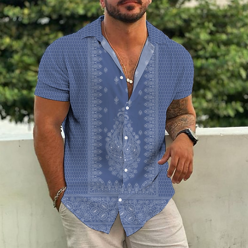 Men's Ethnic Shirt Boho Shirt Short Sleeve Tropical Fashion Hawaiian Casual Holiday Beach Summer Spring Turndown Print Button-Down Black Yellow Army Green Red Blue3