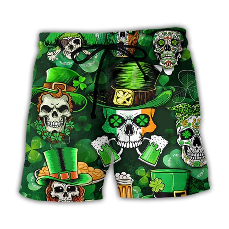 St.Patrick's Day Men's Board Shorts Swim Shorts Swim Trunks Summer Shorts Beach Shorts Drawstring with Mesh lining Elastic Waist Skull Graphic Prints Quick Dry Short Beach St. Patrick's Day Boho2
