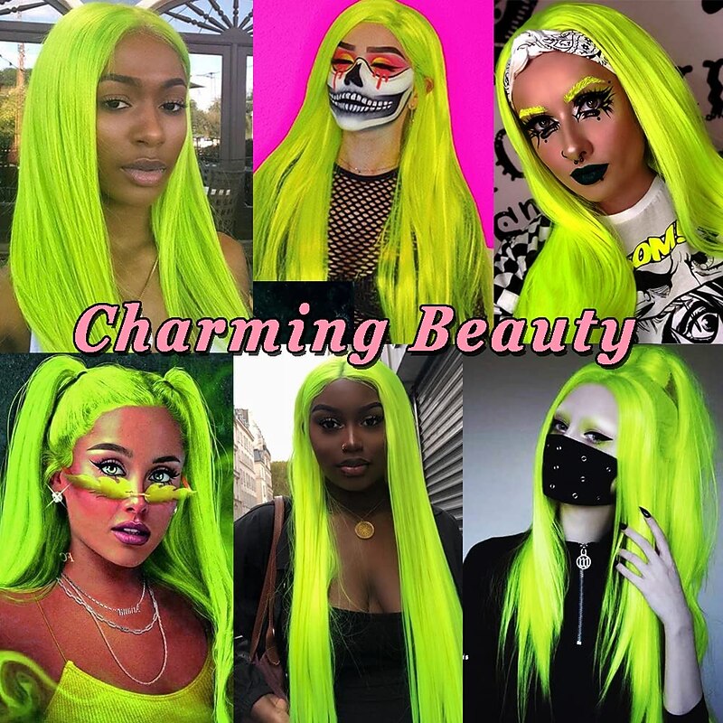 Green Wigs Long Straight Synthetic Wig Irish Green Heat Resistant No Lace Front Wigs with Baby Hair Glueless Peluca for St Patricks Cosplay Party for Fashion Women 22 Inch Halloween Wigs4