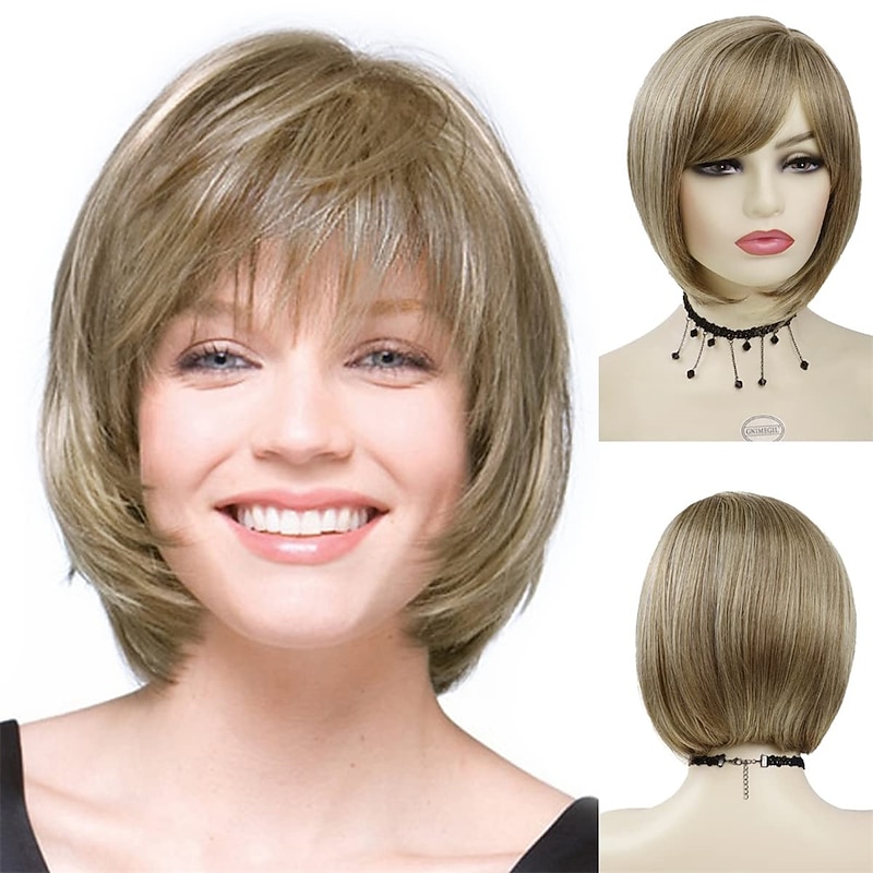 Short Light Brown Mix Blonde Bob Wig with Bangs for White Women Natural Synthetic Hairstyles with Highlight Soft Hair Replacement Wigs Daily Use Christmas Costume for Women