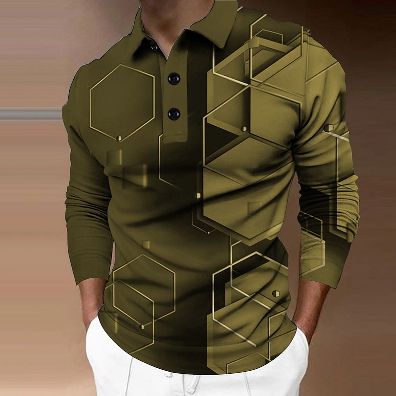 Men's Geometric Polo Shirts Golf Shirt Long Sleeve Polo Shirts Collared Shirts Casual Vacation Wear Formal Wear Festival Wear 3D Print Buttons Yellow Army Green Red4