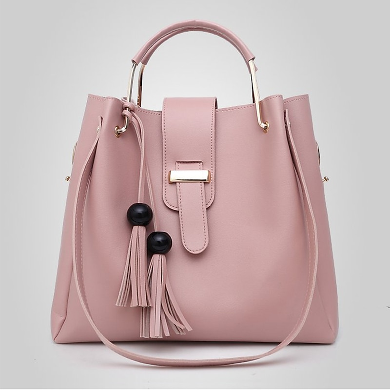 Women's 3-Piece Handbag Set - Pink Faux Leather Tote, Shoulder Bag, and Chain Clutch with Tassel Detail for Elegant and Casual Use4