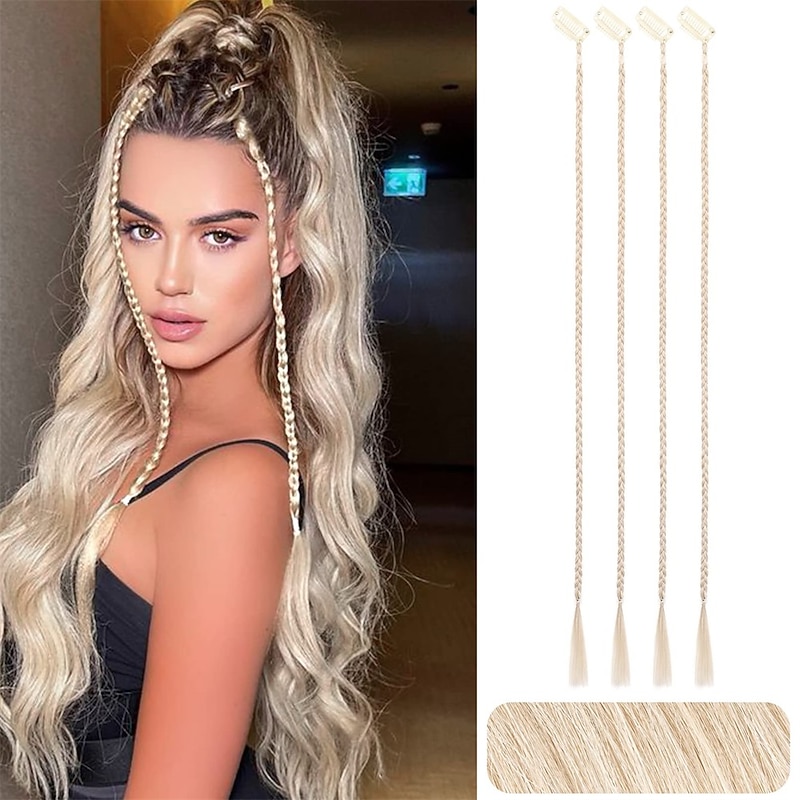 Braid Hair Extensions 4 PCS Baby Braids Front Side Bang Curtain Bang Clip in Hair Extensions Long Braided Hair Piece Natural Soft Synthetic Hair for Women Daily Wear 20 Inch Cool Light Blonde